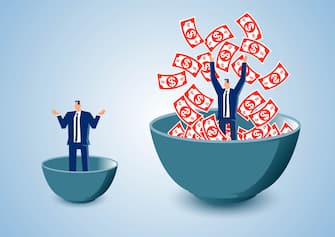 Poor businessman standing in small bowl and rich businessman standing in big bowl, huge gap between rich and poor.
