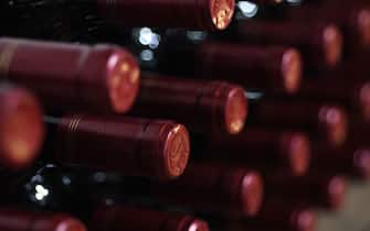 Close-up of wine bottles in wine cellar.