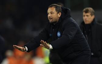 Napoli assistant coach Nicolo Frustalupi gesticulate during the Serie A football match between SSC Napoli vs Monza at the Diego Armando Maradona Stadium in Naples, southern Italy, on December 29, 2023.
