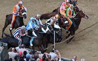 The monkey of Contranda of Lupa  named  Dino Pes    of nickname Velluto on  Benitos  wins the historical Italian horse race Palio di Siena, in Siena, Italy, 17 August 2024. The traditional horse race takes place on 17 August as the 'Palio dell'Assunta' during the holidays for the Assumption of Mary.
ANSA/CLAUDIO GIOVANNINI