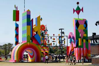 INDIO, CALIFORNIA - APRIL 12: (FOR EDITORIAL USE ONLY) Festivalgoers attend the 2024 Coachella Valley Music and Arts Festival at Empire Polo Club on April 12, 2024 in Indio, California. (Photo by Frazer Harrison/Getty Images for Coachella)