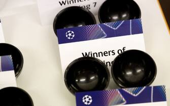 NYON, SWITZERLAND - JULY 19: A detailed view of the cards to be drawn prior to the UEFA Champions League 2024/25 Third Qualifying Round Draw at the UEFA Headquarters, The House of the European Football, on July 19, 2024 in Nyon, Switzerland (Photo by Kristian Skeie - UEFA/UEFA via Getty Images)