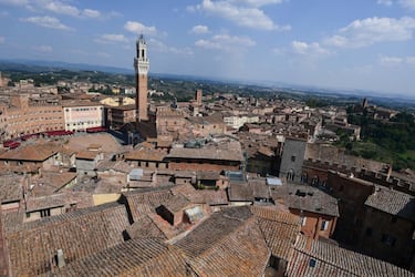 This picture taken on September 15, 2020, shows a general view of the city of Siena with the piazza del Campo, the Palazzo pubblico and the Mangia tower. (Photo by MIGUEL MEDINA / AFP) (Photo by MIGUEL MEDINA/AFP via Getty Images)
