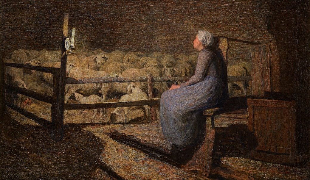 Giovanni Segantini, All'ovile, 1892. Huile sur toile, 68 x 115 cm. Collection particulière, Suisse,  Courtesy Gallery Maspes, Milan © Archivio Gallerie Maspes, Milano