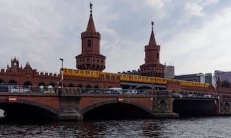 U-Bahn train crossing the Oberbaum Bridge in Berlin, Germany