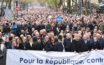 PARIS, FRANCE - NOVEMBER 12: French Senate President Gerard Larcher, President of the French National Assembly Yael Braun-Pivet, French Prime Minister Elisabeth Borne, France's former President Nicolas Sarkozy, France's former President Francois Hollande take part in a march against antisemitism in Paris, France on November 12, 2023. (Photo by Mustafa Yalcin/Anadolu via Getty Images)