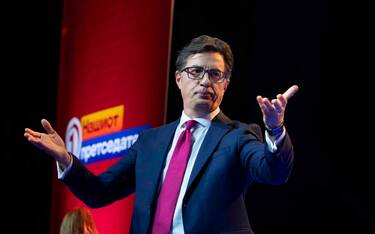 epa11256166 Current President and independent candidate for the second mandate Stevo Pendarovski reacts during the convention supported by the ruling Social Democratic Union of Macedonia - SDSM party in Skopje, Republic of North Macedonia, 02 April 2024. North Macedonia will hold the first round of presidential elections on 24 April.  EPA/GEORGI LICOVSKI