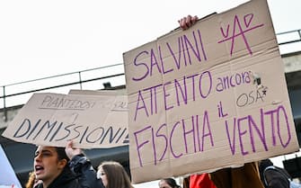 Protestors during a rally held next to town harbour to contest ministers Matteo Piantedosi and Matteo Salvini after Pisa clashes in Genoa, Italy, 04 March 2024. ANSA/SIMONE ARVEDA