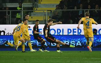 Dean Huijsen of A.S. Roma scores the goal of 0- 1 during the 25th day of the Serie A Championship between Frosinone Calcio vs A.S. Roma, 18 February 2024 at the Benito Stirpe Stadium, Frosinone, Italy.