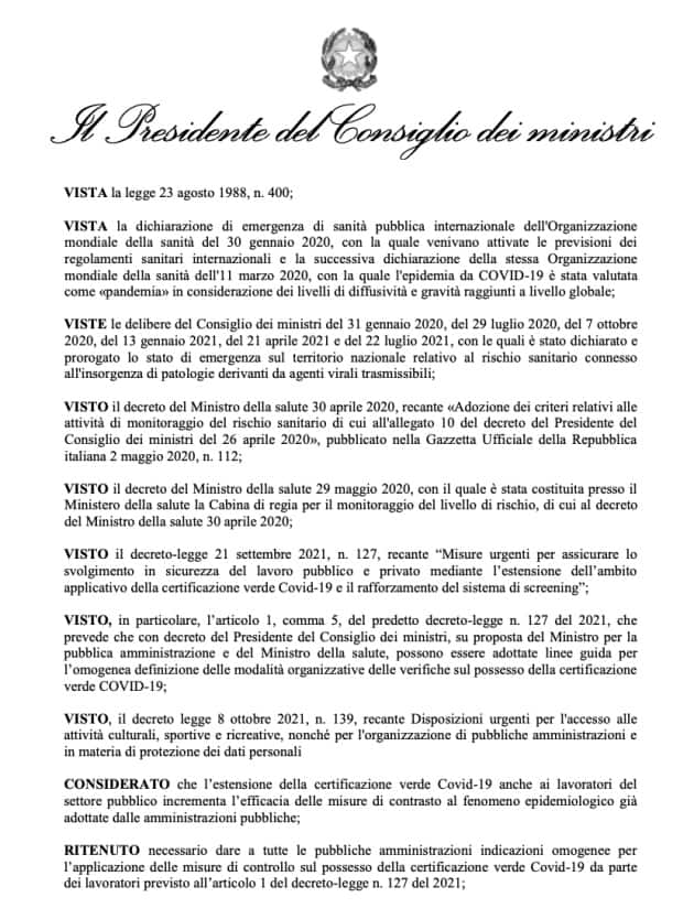 Prima pagina del Dpcm sul Green pass