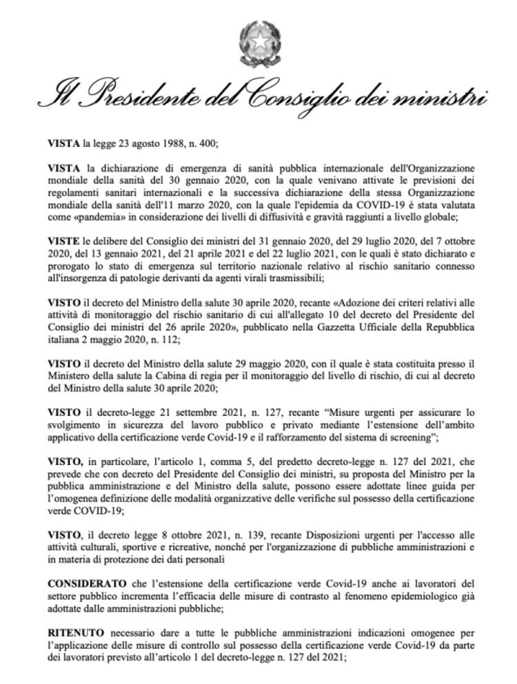 Prima pagina del Dpcm sul Green pass