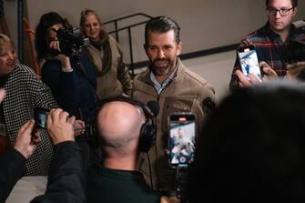 Donald Trump Jr., executive vice president of development and acquisitions for Trump Organization Inc., speaks to members of the media during the 2024 Iowa Republican caucuses at Franklin Junior High School in Des Moines, Iowa, US, on Monday, Jan. 15, 2024. Former PresidentÂ Donald TrumpÂ cruised to victory in the Iowa caucus, warding off a late challenge from rivalsÂ Ron DeSantisÂ andÂ Nikki HaleyÂ and cementing his status as the clear Republican frontrunner in the race. Photographer: Jim Vondruska/Bloomberg via Getty Images