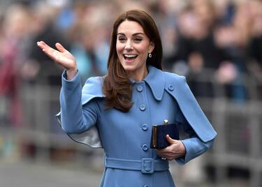 BALLYMENA, NORTHERN IRELAND - FEBRUARY 28: Catherine, Duchess of Cambridge engages in a walkabout in Ballymena town centre on February 28, 2019 in Ballymena, Northern Ireland. Prince William last visited Belfast in October 2017 without his wife, Catherine, Duchess of Cambridge, who was then pregnant with the couple's third child.  This time they concentrate on the young people of Northern Ireland. Their engagements include a visit to Windsor Park Stadium, home of the Irish Football Association, activities at the Roscor Youth Village in Fermanagh, a party at the Belfast Empire Hall, Cinemagic, a charity that uses film, television and digital technologies to inspire young people and finally dropping in on a SureStart early years programme. (Photo by Charles McQuillan/Getty Images)