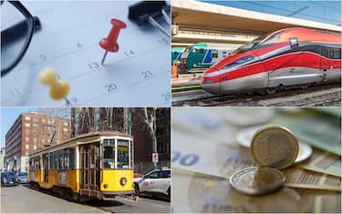 un calendario, treni alla stazione, un tram e delle monete di euro su banconote