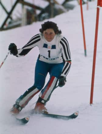 Innsbruck, Austria - 1976: Claudia Giordani competing in the Women's slalom skiing event at Axamer Lizum, at the 1976 Winter Olympics / XII Olympic Winter Games. (Photo by American Broadcasting Companies via Getty Images)