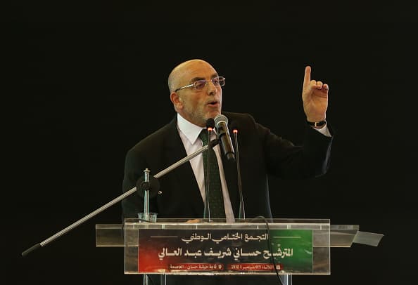 Presidential candidate Abdelaali Hassani of the Movement of Society for Peace (MSP) party addresses his supporters during his campaign in Algiers, Algeria, on September 3, 2024. Three candidates run in the September 7 presidential elections (Photo by Billel Benslem / APP) (Photo by APP/NurPhoto via Getty Images)