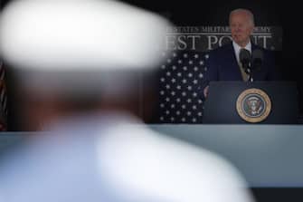 WEST POINT, NEW YORK - MAY 25: President Joe Biden speaks to the Class of 2024 during commencement exercises at West Point  on May 25, 2024 in West Point, New York. The West Point graduation is held at Michie Stadium and includes roughly 1,000 cadets graduating and commissioning into the Army as second lieutenants. (Photo by Spencer Platt/Getty Images)