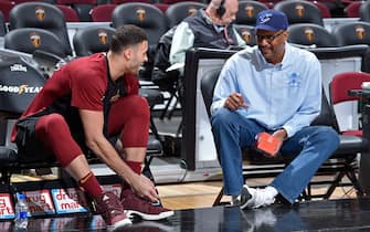 CLEVELAND, OH - MARCH 22: Larry Nance Jr. #22 of the Cleveland Cavaliers and his father - NBA Legend, Larry Nance, talk prior to a game against the LA Clippers on March 22, 2019 at Quicken Loans Arena in Cleveland, Ohio. NOTE TO USER: User expressly acknowledges and agrees that, by downloading and/or using this Photograph, user is consenting to the terms and conditions of the Getty Images License Agreement. Mandatory Copyright Notice: Copyright 2019 NBAE (Photo by David Liam Kyle/NBAE via Getty Images)