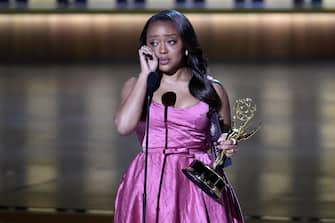 Jan 15, 2024;  Los Angeles, CA, USA;  Quinta Brunson accepts the award for outstanding lead actress in a comedy series during the 75th Emmy Awards at the Peacock Theater in Los Angeles on Monday, Jan. 15, 2024. Mandatory Credit: Robert Hanashiro-USA TODAY/Sipa USA