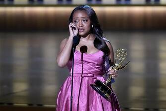 Jan 15, 2024; Los Angeles, CA, USA; Quinta Brunson accepts the award for outstanding lead actress in a comedy series during the 75th Emmy Awards at the Peacock Theater in Los Angeles on Monday, Jan. 15, 2024. Mandatory Credit: Robert Hanashiro-USA TODAY/Sipa USA