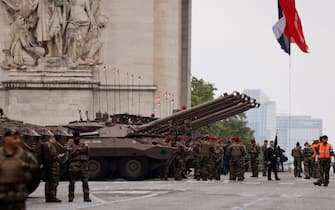 Armoured cars AMX-10 RC of the 1st Spahi Regiment stand next the Arc de Triomphe prior to the the annual Bastille Day military parade on the Champs-Elysees avenue in Paris on July 14, 2021. (Photo by Ludovic MARIN / AFP) (Photo by LUDOVIC MARIN/AFP via Getty Images)