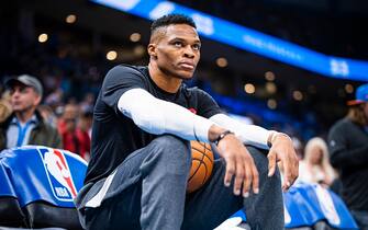 OKLAHOMA CITY, OK - JANUARY 9: Russell Westbrook #0 of the Houston Rockets looks on before the game against the Oklahoma City Thunder on January 9, 2020 at Chesapeake Energy Arena in Oklahoma City, Oklahoma. NOTE TO USER: User expressly acknowledges and agrees that, by downloading and or using this photograph, User is consenting to the terms and conditions of the Getty Images License Agreement. Mandatory Copyright Notice: Copyright 2020 NBAE (Photo by Zach Beeker/NBAE via Getty Images)