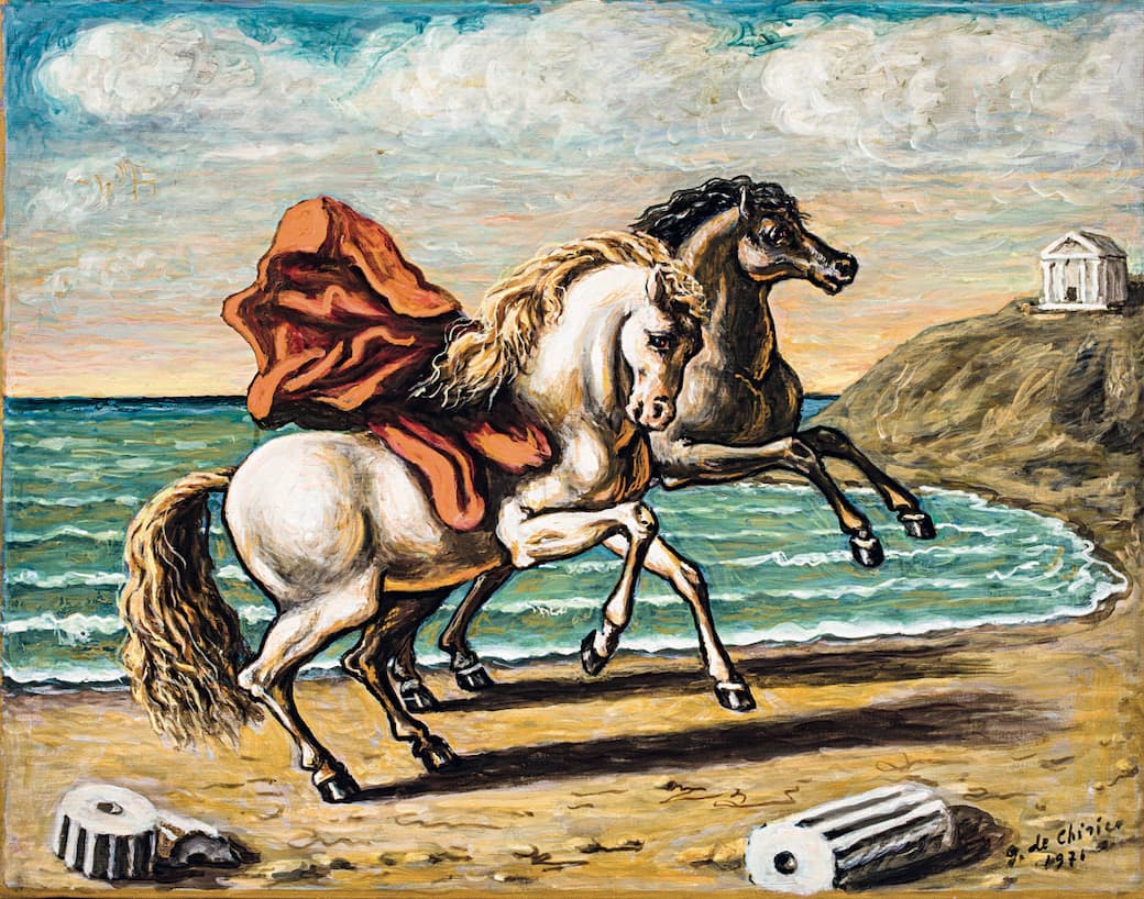 Giorgio de Chirico: Due cavalli in riva al mare con ruderi e drappo rosso, 1971