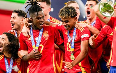 Nico Williams and Lamine Yamal of Spain celebrating victory during the UEFA Euro 2024, Final football match between Spain and England on 14 July 2024 at Olympiastadion in Berlin, Germany