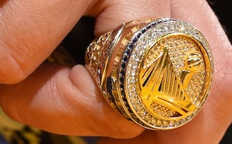 OAKLAND, CA - APRIL 14:  a close up shot of the Golden State Warriors championship ring is seen in Game One of Round One during the 2018 NBA Playoffs between the San Antonio Spurs and Golden State Warriors  on April 14, 2018 at ORACLE Arena in Oakland, California. NOTE TO USER: User expressly acknowledges and agrees that, by downloading and or using this photograph, user is consenting to the terms and conditions of Getty Images License Agreement. Mandatory Copyright Notice: Copyright 2018 NBAE (Photo by Andrew D. Bernstein/NBAE via Getty Images)