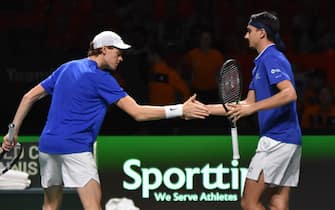 Jannik Sinner and Lorenzo Sonego in action against Netherlands
during the
Finals Davis Cup 2023 match 
Italy vs Netherlands at 
the Palacio Martin Carpena, Spain in Malaga on 
November 23, 2023