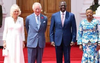 NAIROBI, KENYA - OCTOBER 31: (L-R) Queen Camilla, King Charles III, President of the Republic of Kenya, William Ruto, and the First Lady of the Republic of Kenya, Rachel Ruto pose during a Ceremonial Welcome at State House on October 31, 2023 in Nairobi, Kenya. King Charles III and Queen Camilla are visiting Kenya for four days at the invitation of Kenyan President William Ruto, to celebrate the relationship between the two countries. The visit comes as Kenya prepares to commemorate 60 years of independence. (Photo by Chris Jackson/Getty Images)
