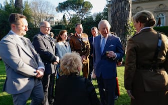 Britain's King Charles III during a meeting with the British community in Villa Wolkonsky, Rome, Italy 8 April 2025. ANSA/FABIO FRUSTACI
