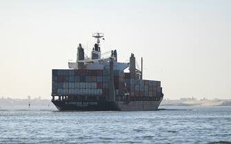 ISMAILIA, EGYPT - JANUARY 10: A ship transits the Suez Canal towards the Red Sea on January 10, 2024 in Ismailia, Egypt. In the wake of Israel's war on Gaza after the October 7 Hamas attack on Israel, Houthi rebels in Yemen pledged disruption on all ships destined for Israel through the Red Sea's Suez Canal. The disruption on world trade is evident in the number of companies using this container ship route - a 90 per cent decline compared to figures one year ago. (Photo by Sayed Hassan/Getty Images)