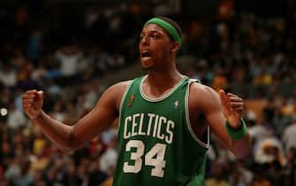LOS ANGELES - JUNE 12:  Paul Pierce #34 of the Boston Celtics celebrates against the Los Angeles Lakers during Game Four of the 2008 NBA Finals on June 12, 2008 at the Staples Center in Los Angeles, California.  NOTE TO USER:User expressly acknowledges and agrees that, by downloading and/or using this Photograph, user is consenting to the terms and conditions of the Getty Images License Agreement. Mandatory Copyright Notice: Copyright 2008 NBAE (Photo by Garrett Ellwood/NBAE via Getty Images)