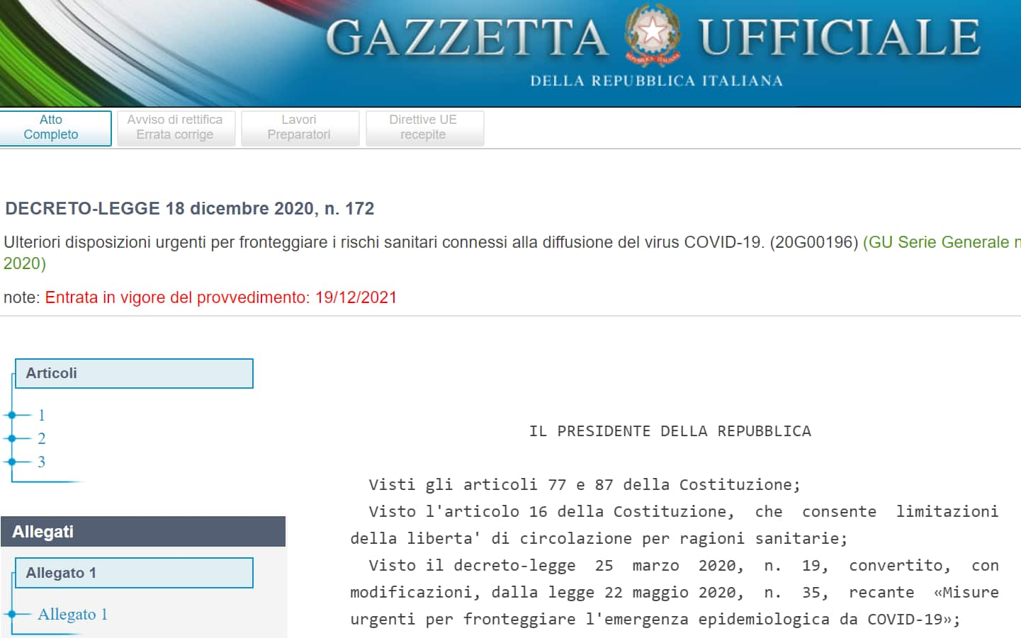 Il testo del decreto legge di Natale con la data sbagliata