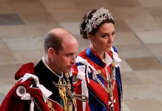 Britain's Prince William and Catherine, Princess of Wales arrive at Westminster Abbey in central London on May 6, 2023, ahead of the coronations of Britain's King Charles III and Britain's Camilla, Queen Consort. - The set-piece coronation is the first in Britain in 70 years, and only the second in history to be televised. Charles will be the 40th reigning monarch to be crowned at the central London church since King William I in 1066. Outside the UK, he is also king of 14 other Commonwealth countries, including Australia, Canada and New Zealand. Camilla, his second wife, will be crowned queen alongside him, and be known as Queen Camilla after the ceremony. (Photo by PHIL NOBLE / POOL / AFP) (Photo by PHIL NOBLE/POOL/AFP via Getty Images)