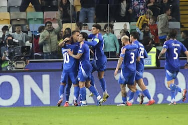 Matteo Retegui of Italy celebrates after scoring goal on penalty during Italy vs Israel, matchday 4 of League A of Uefa Nations League 2025, game at Bluenergy stadium - stadio Friuli in Udine (UD), Italy, on October 14, 2024.