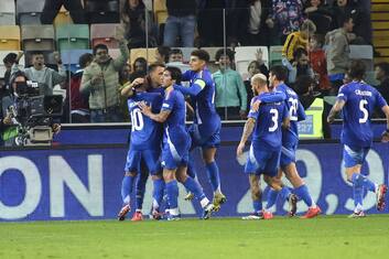 Matteo Retegui of Italy celebrates after scoring goal on penalty during Italy vs Israel, matchday 4 of League A of Uefa Nations League 2025, game at Bluenergy stadium - stadio Friuli in Udine (UD), Italy, on October 14, 2024.