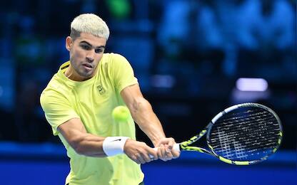 Carlos Alcaraz of Spain plays match against the australian Alex De Minaur during Nitto Atp Finals in Turin, 9 november 2025 ANSA/ ALESSANDRO DI MARCO
