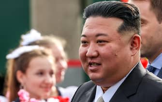 RUSSIA, PRIMORYE REGION - SEPTEMBER 16, 2023: North Korea's Supreme Leader Kim Jong Un is welcomed at Artyom-Primorsky 1 Railway Station in the city of Artyom. Yuri Smityuk/TASS/Sipa USA