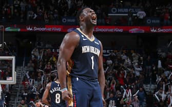 NEW ORLEANS, LA - DECEMBER 28: Zion Williamson #1 of the New Orleans Pelicans reacts during the game against the Minnesota Timberwolves on December 28, 2022 at the Smoothie King Center in New Orleans, Louisiana. NOTE TO USER: User expressly acknowledges and agrees that, by downloading and or using this Photograph, user is consenting to the terms and conditions of the Getty Images License Agreement. Mandatory Copyright Notice: Copyright 2022 NBAE (Photo by Layne Murdoch Jr./NBAE via Getty Images)