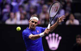 Team Europe's Roger Federer in action against Team World's Jack Sock and Frances Tiafoe on day one of the Laver Cup at the O2 Arena, London. Picture date: Friday September 23, 2022.