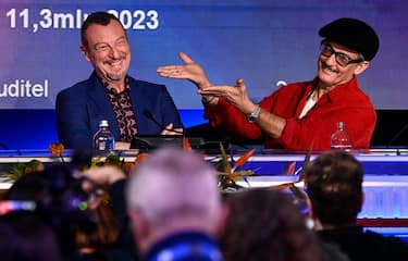 Sanremo Festival host and artistic director Amadeus (L) with Italian showman Rosario Fiorello (R) during a press conference at the 74th Sanremo Italian Song Festival, Sanremo, Italy, 10 February 2024. The festival runs from 06 to 10 February.  ANSA/RICCARDO ANTIMIANI