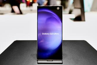 BARCELONA, SPAIN - MARCH 2: The Galaxy S23 Ultra, the top-range smartphone from the new S23 series of smartphones by Samsung, is being exhibited during the Mobile World Congress 2023 on March 2, 2023, in Barcelona, Spain. (Photo by Joan Cros/NurPhoto via Getty Images)