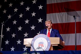 COLUMBUS, GEORGIA - JUNE 10: Former U.S. President Donald Trump delivers remarks during the Georgia state GOP convention at the Columbus Convention and Trade Center on June 10, 2023 in Columbus, Georgia. On Friday, former President Trump was indicted by a federal grand jury on 37 felony counts in Special Counsel Jack Smithâ  s classified documents probe. (Photo by Anna Moneymaker/Getty Images)