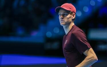 TURIN, ITALY - 2025/11/14: Jannik Sinner of Italy seen during Men's Singles Group Stage match against Ben Shelton of United States on day six of the Nitto ATP Finals 2025 at Inalpi Arena. (Photo by Fabrizio Carabelli/SOPA Images/LightRocket via Getty Images)