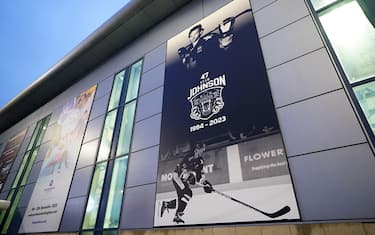 A banner in tribute to Nottingham Panthers' ice hockey player Adam Johnson on the side of the Motorpoint Arena, Nottingham, ahead of a memorial for Adam Johnson, who died after an accident during a Challenge Cup match with Sheffield Steelers last Saturday. Picture date: Saturday November 4, 2023.