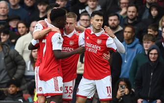 epa10532006 Gabriel Martinelli (R) of Arsenal celebrates with his teammates after scoring the 1-0 lead during the English Premier League soccer match between Arsenal FC and Crystal Palace in London, Britain, 19 March 2023.  EPA/Andy Rain EDITORIAL USE ONLY. No use with unauthorized audio, video, data, fixture lists, club/league logos or 'live' services. Online in-match use limited to 120 images, no video emulation. No use in betting, games or single club/league/player publications.