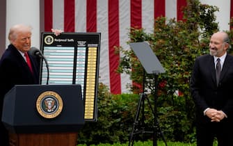 epa12006200 US President Donald Trump (L) speak as Howard Lutnick (R), US commerce secretary, looks on during a tariff announcement in the Rose Garden of the White House in Washington, DC, USA, 02 April 2025. Trump plans to roll out tariffs on global trading partners, the centerpiece of his effort to bring back manufacturing to the US and reshape a world trade system he has long decried as unfair. Trump has branded the day 'Liberation Day', though most economists expect US consumers to foot the costs.  EPA/KENT NISHIMURA / POOL