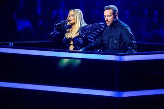 Bebe Rexha and David Guetta attending the 2022 MTV EMAs show at the PSD Bank Dome in Dusseldorf, Germany. (Photo by DPPA/Sipa USA)